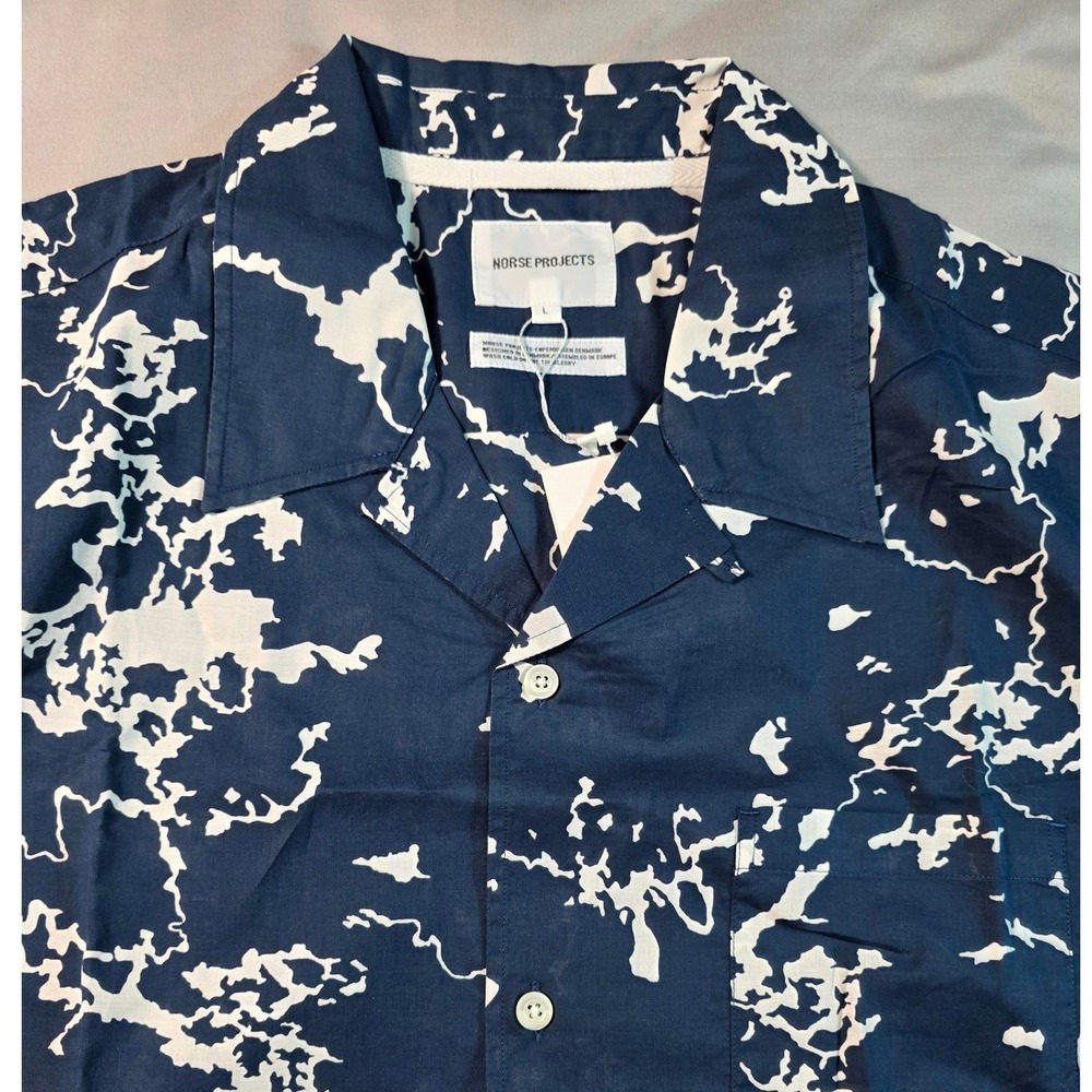 Norse Projects Carsten Print Mens Large Deep Teal Abstract Short Sleeve Shirt